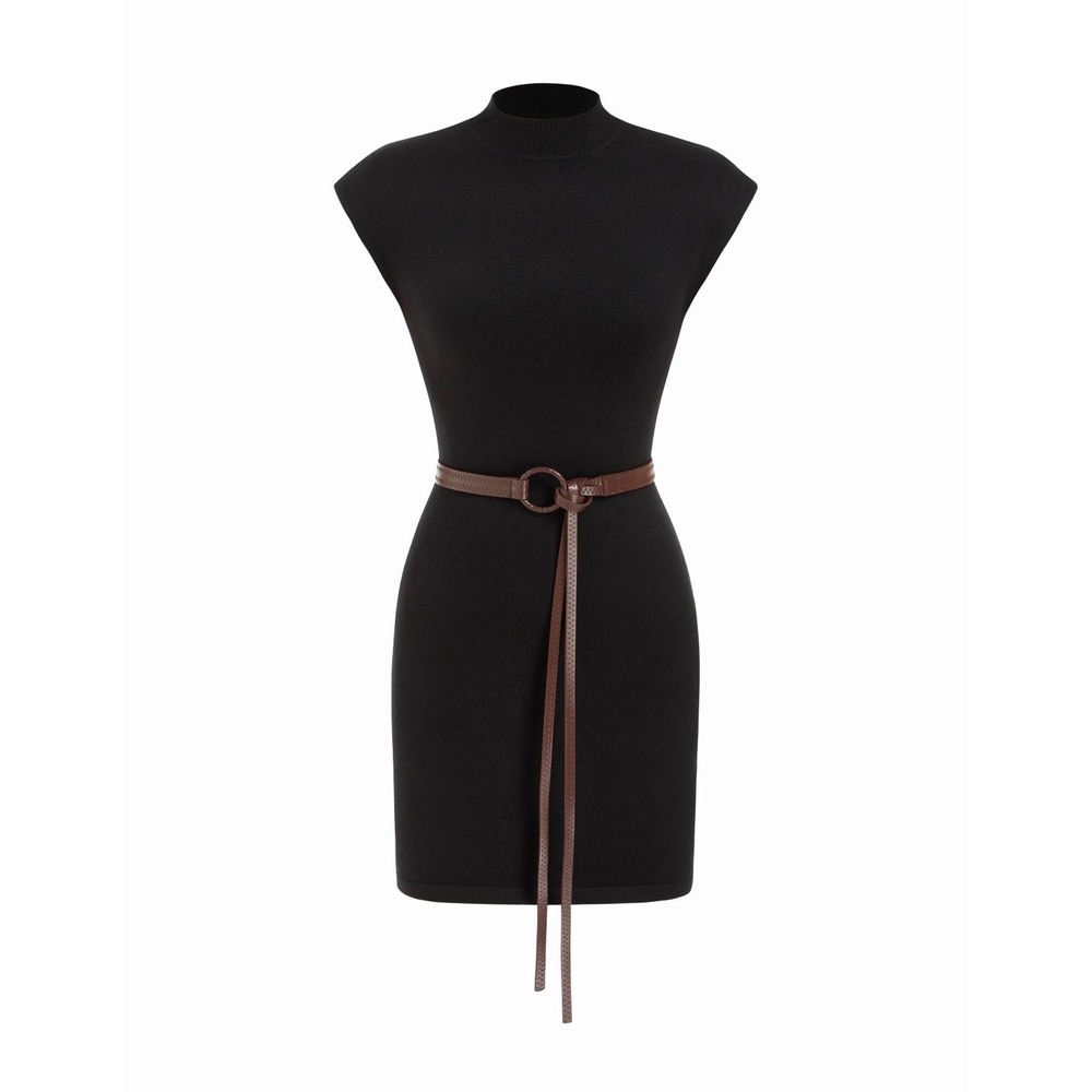 Cider Black Knit Mock Neck Mini Dress with Brown Belt Size M CD2025112066